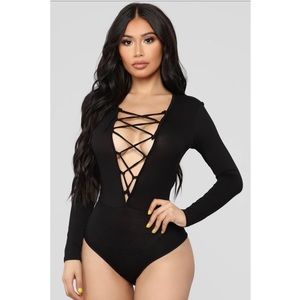 Fashion Nova String Tie Up Long Sleeve Bodysuit
